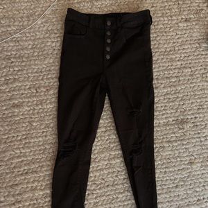 american eagle black high rise button ripped jeans